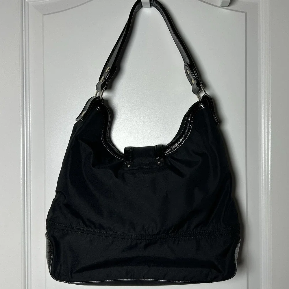 Kate Spade New York Black Nylon Patent Trim Gold Hardware Hobo Shoulder Bag